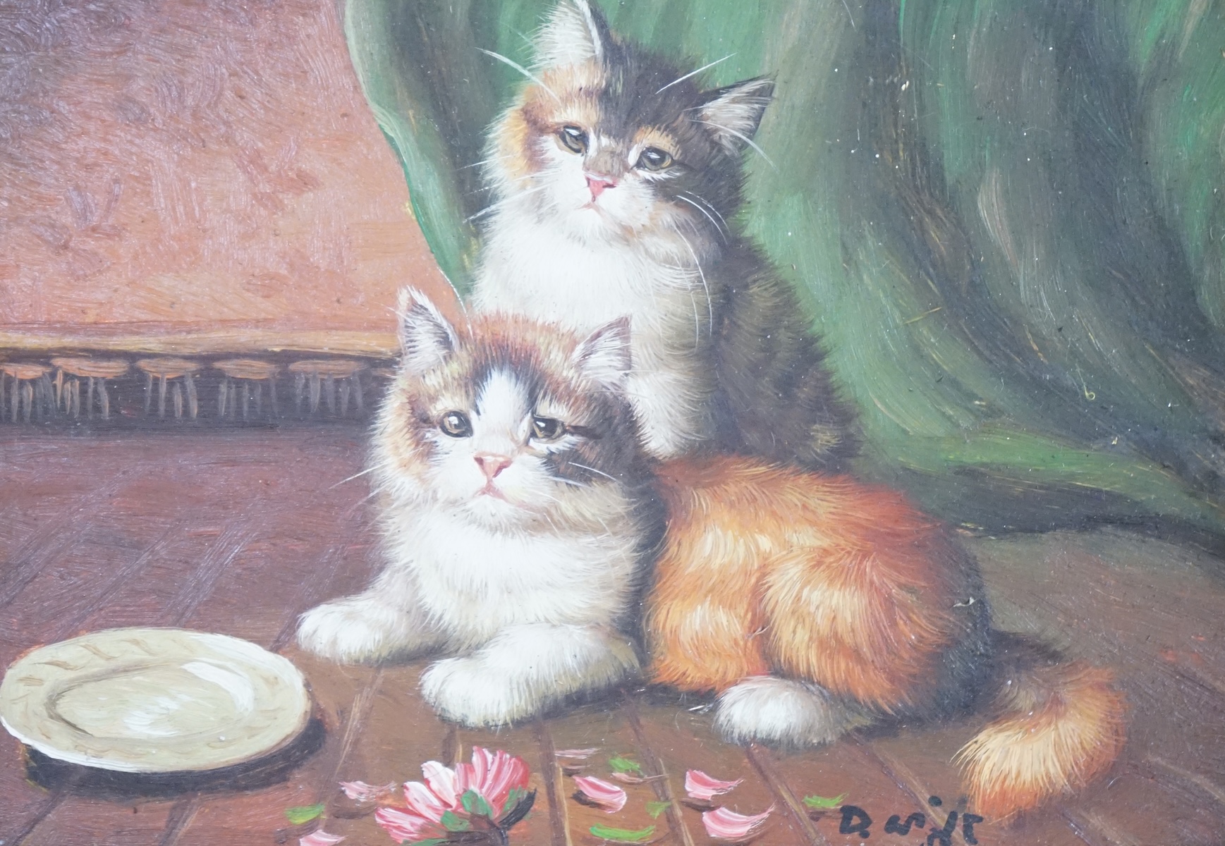 After Henrietta Ronner, contemporary oil on board, Study of two cats, indistinctly signed, 11.5 x 16.5cm, housed in an ebonised and gilt frame. Condition - good, frame poor